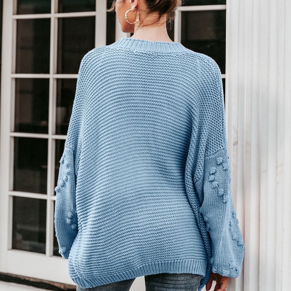 sky blue pom pom knit lantern sleeve cardigan swea - Picture 4 of 10